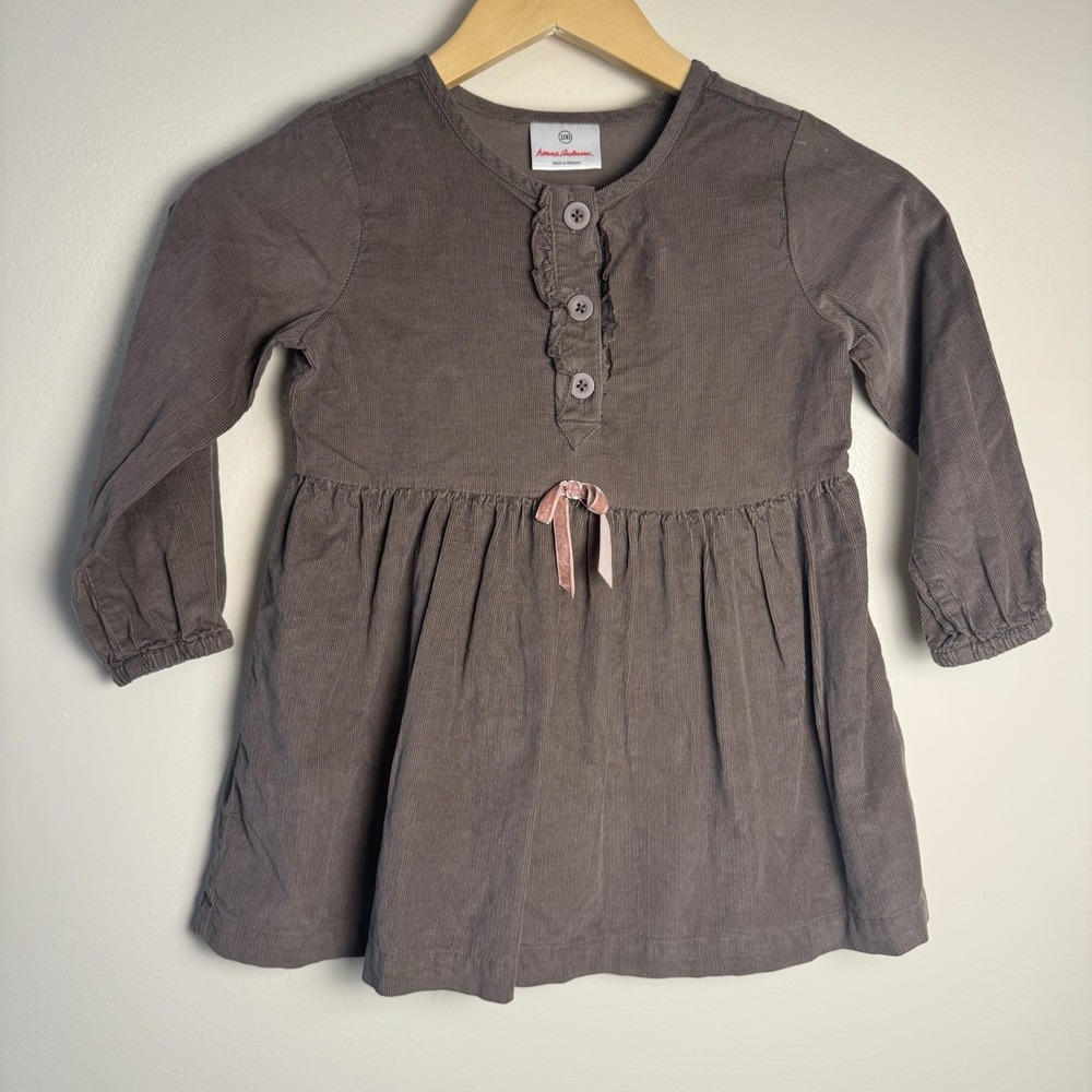 Hanna Andersson Gray Brown Corduroy Dress Girl Ruffled Long Sleeve Size 100 (3T)